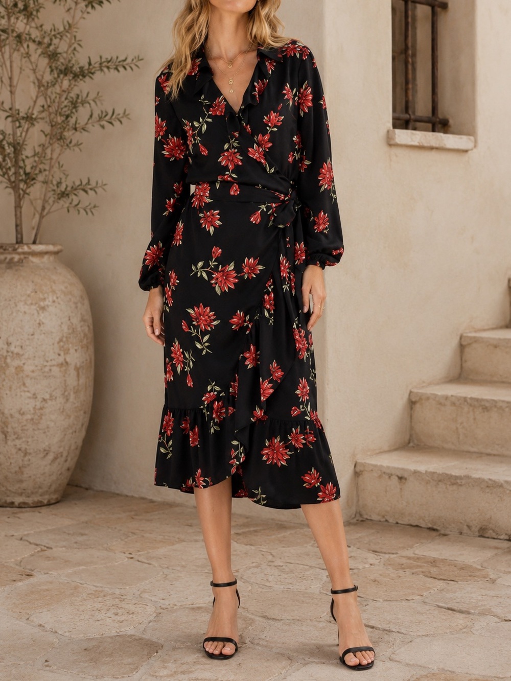 NEW Draper James RSVP Wrap Dress Medium Floral Ruffle Long Sleeve Black Red